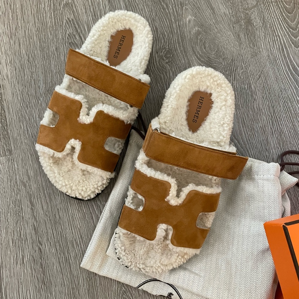 Hermes chypre shearling fur natural ecru sandals
